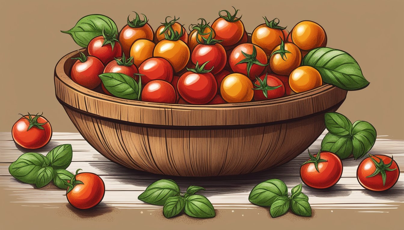 A colorful array of cherry tomatoes arranged in a rustic wooden bowl, surrounded by fresh basil leaves and a sprinkle of sea salt