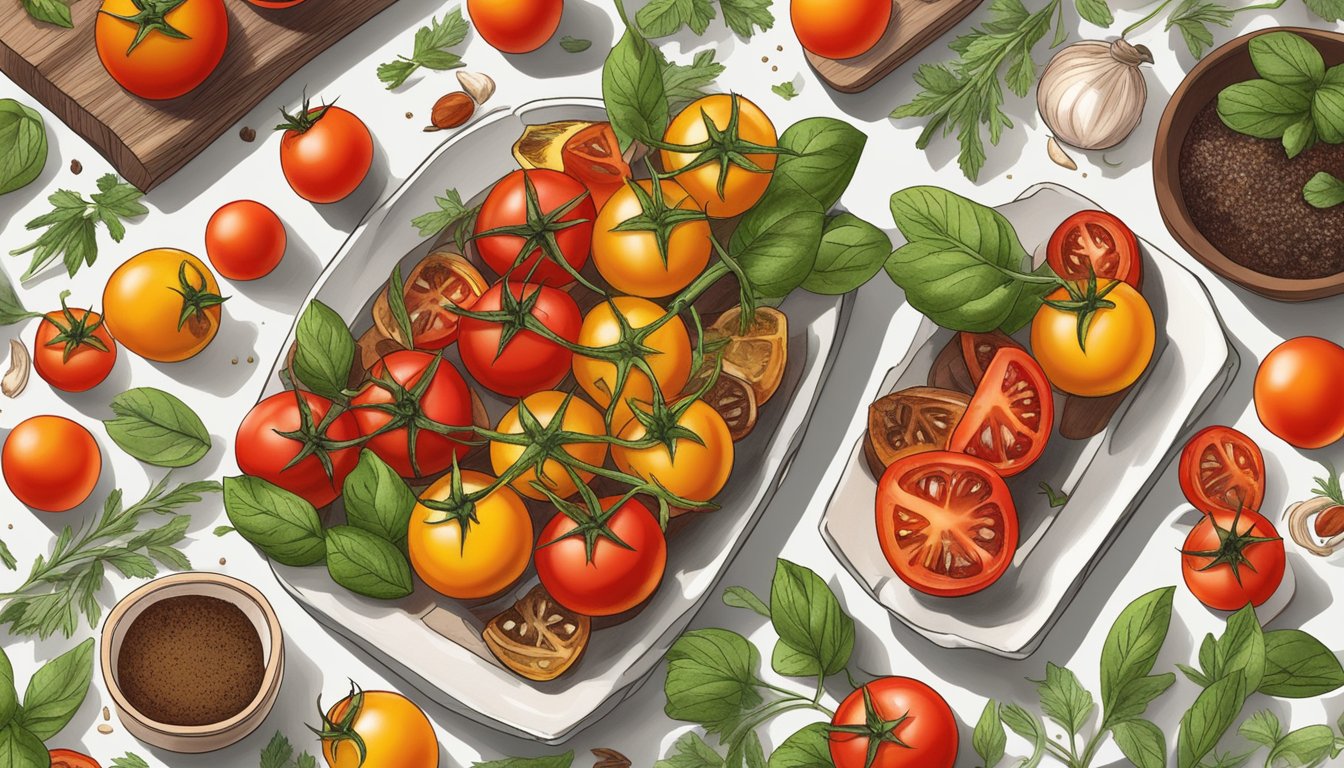 Cherry tomatoes being sliced, roasted, and grilled, surrounded by various herbs and spices