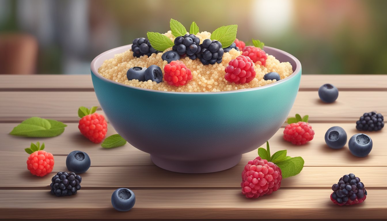 A bowl of quinoa porridge topped with vibrant mixed berries, set on a wooden table surrounded by a scattering of quinoa grains and berries