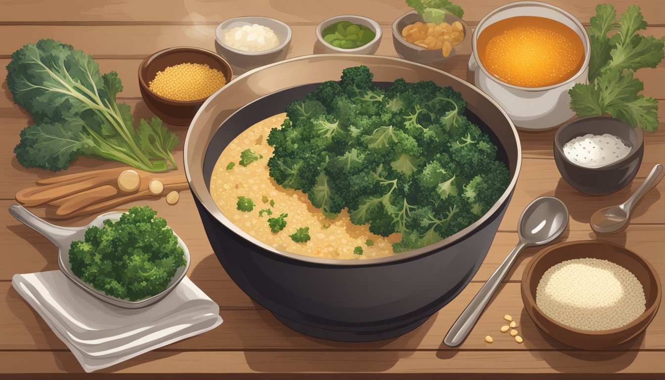 A steaming bowl of quinoa and kale soup surrounded by various ingredients and utensils on a wooden kitchen counter