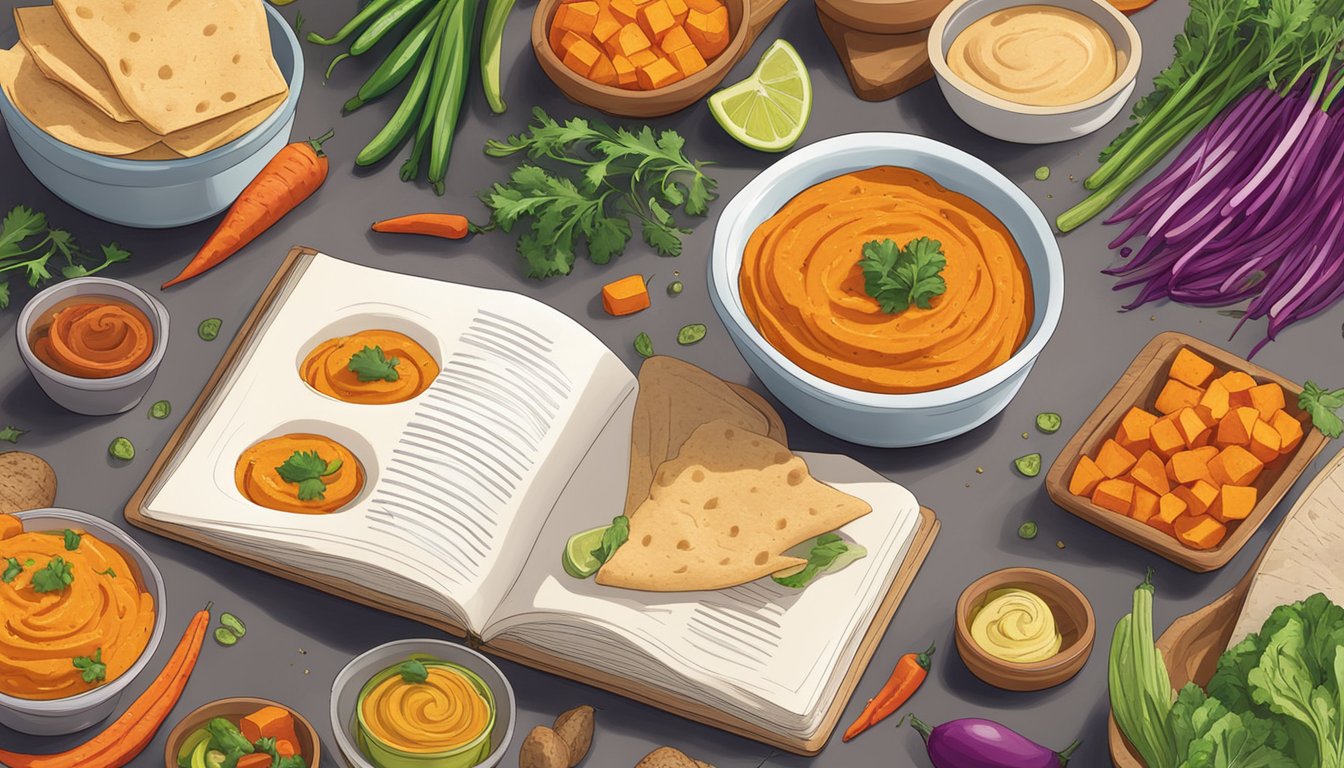 A bowl of spicy sweet potato hummus surrounded by colorful vegetables and pita bread, with a cookbook open to a page titled "20 Tasty Dishes That Highlight Sweet Potatoes" in the background