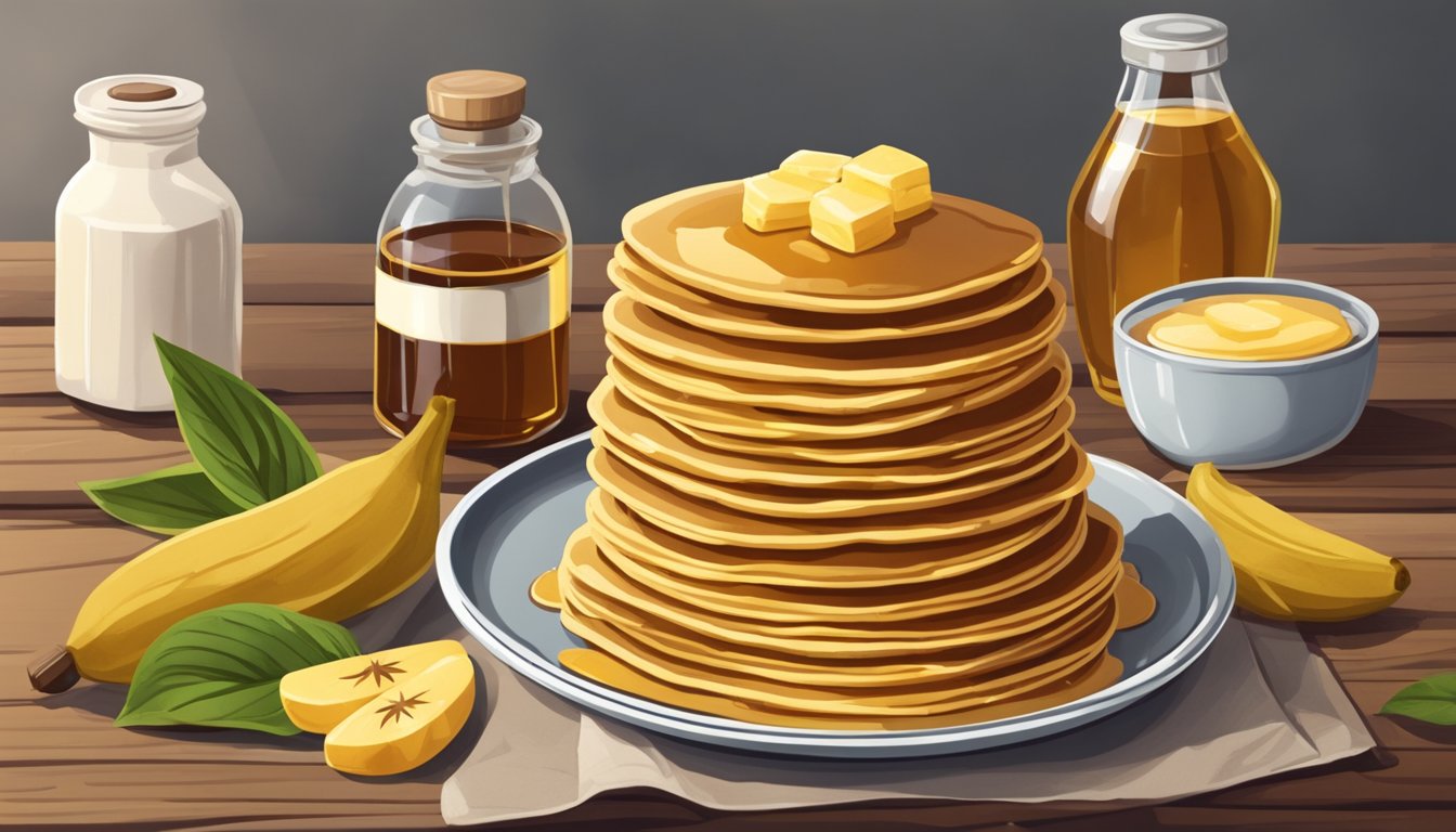 A stack of golden-brown plantain pancakes drizzled with maple syrup on a rustic wooden table, surrounded by fresh plantains and a bottle of syrup