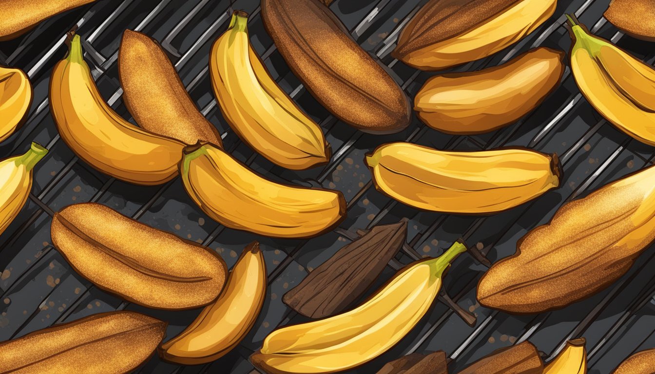 Ripe plantains grilling on a hot barbecue, sprinkled with cinnamon sugar and emitting a sweet, caramelized aroma