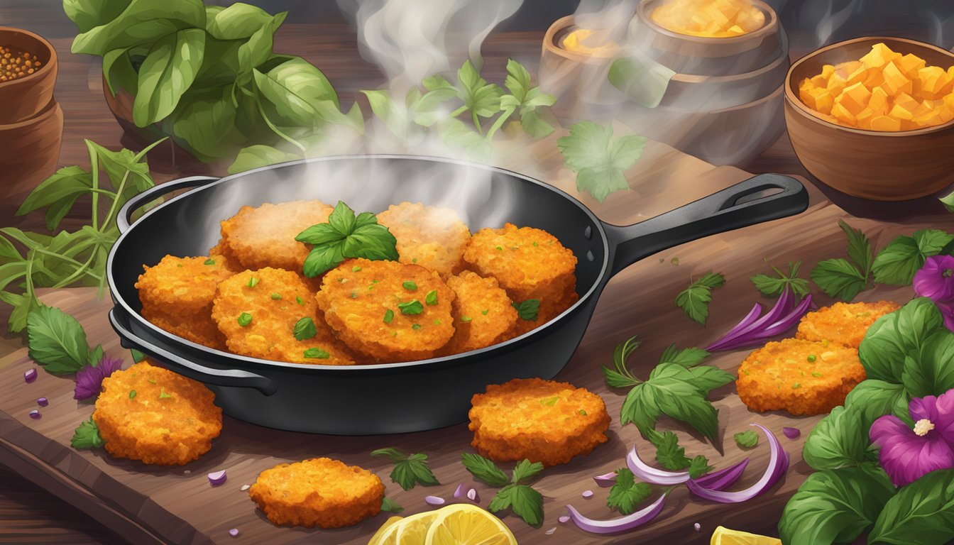 A sizzling skillet of golden sweet potato fritters surrounded by vibrant herbs and spices, with steam rising and a tantalizing aroma filling the air