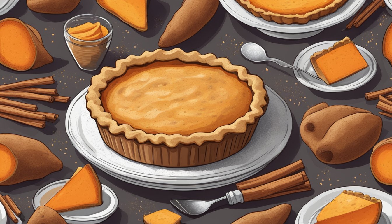 A rustic kitchen table set with a golden-brown sweet potato pie surrounded by fresh sweet potatoes, cinnamon sticks, and a sprinkle of powdered sugar