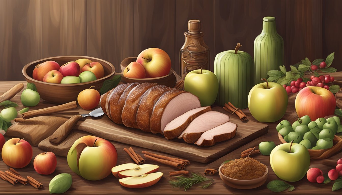 A rustic kitchen table set with a roasted pork tenderloin surrounded by freshly harvested apples, cinnamon sticks, and other savory ingredients