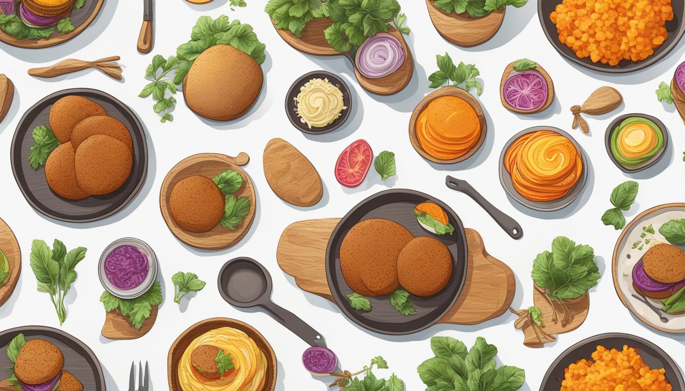 A table set with a variety of sweet potato dishes, including sweet potato burgers, surrounded by colorful ingredients and cooking utensils