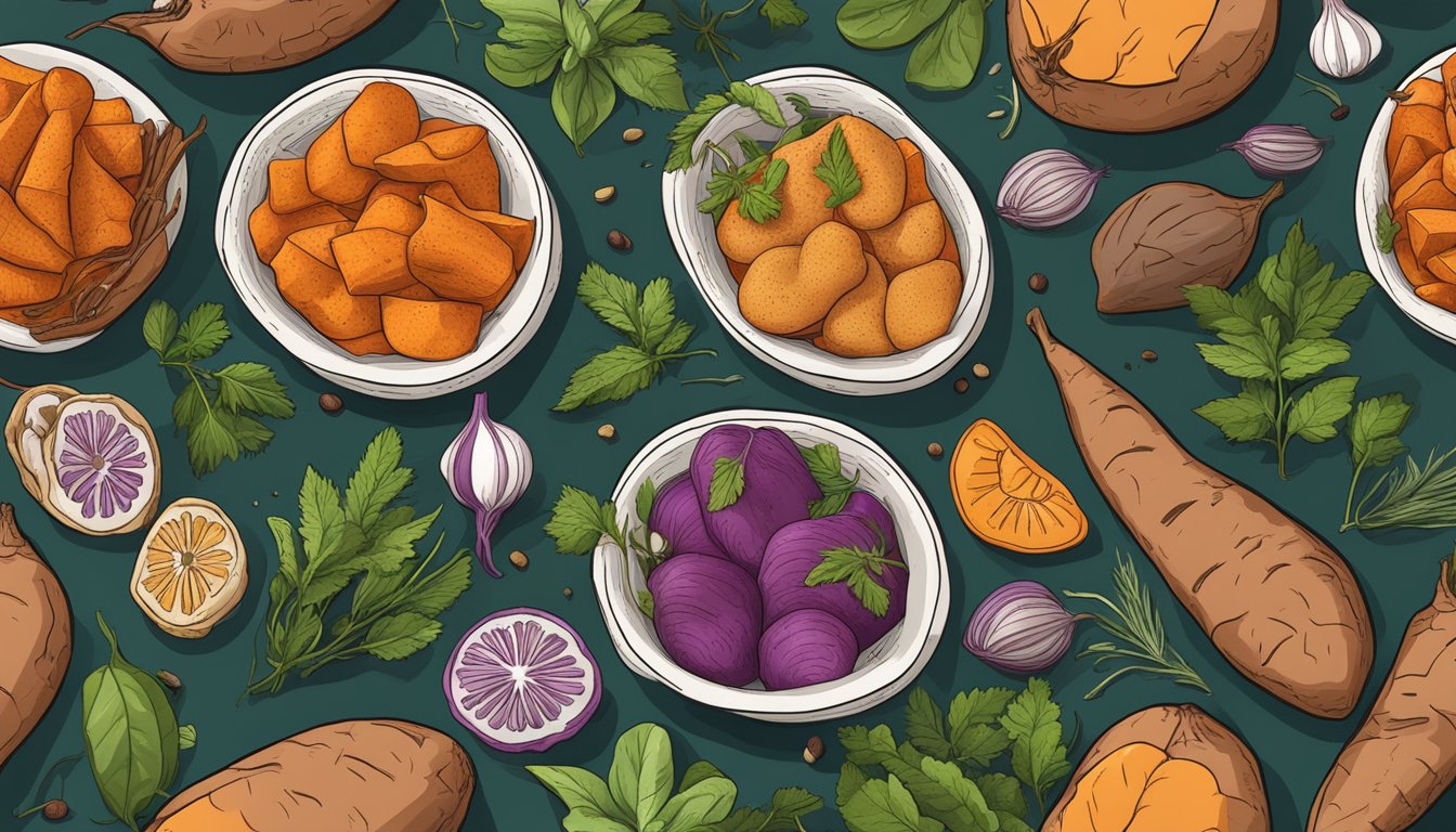 A colorful array of sweet potatoes, surrounded by fresh herbs and spices, with various dishes showcasing the nutritional benefits of this versatile vegetable