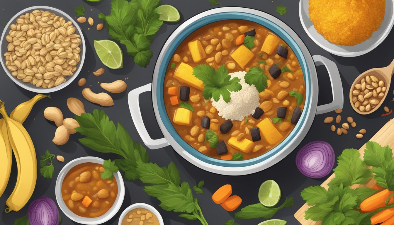 A simmering pot of plantain and peanut stew surrounded by a variety of colorful ingredients and spices