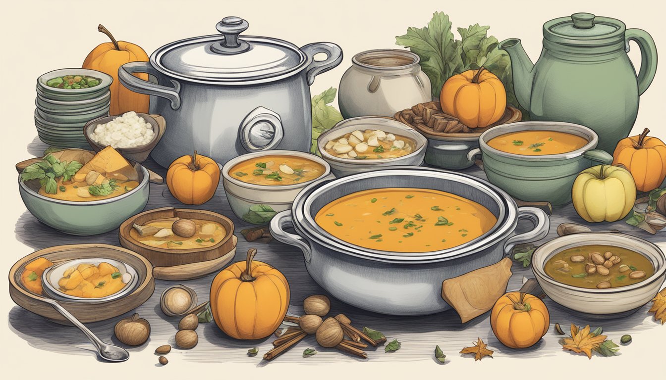 A steaming pot of spiced apple and butternut squash soup surrounded by various savory dishes incorporating apples