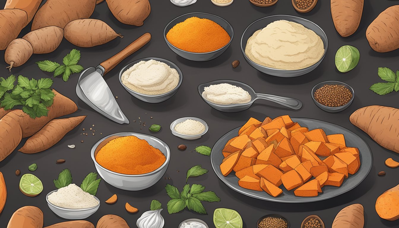 Sweet potatoes being chopped, mashed, roasted, and blended with various spices and ingredients to create a variety of flavorful dishes