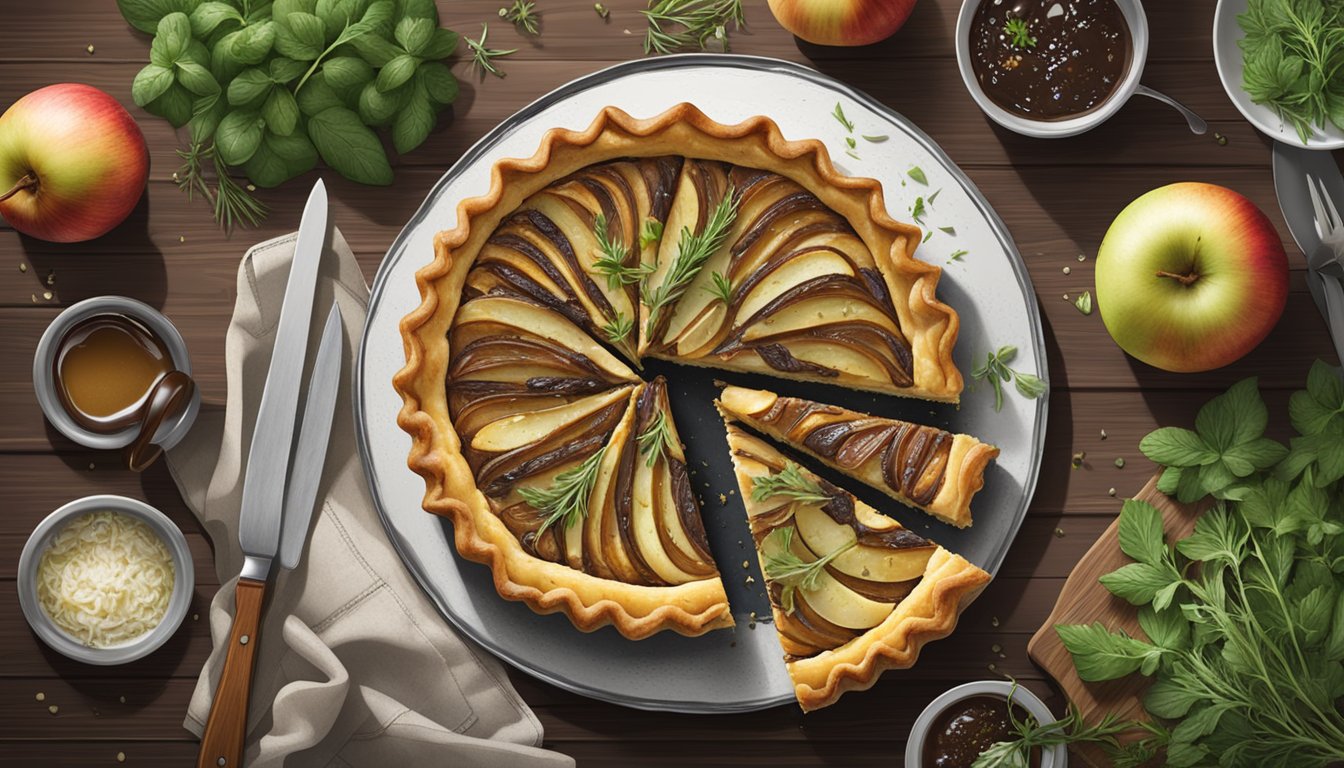 A golden-brown caramelized onion and apple tart sits on a rustic wooden table, surrounded by scattered fresh herbs and a drizzle of balsamic glaze