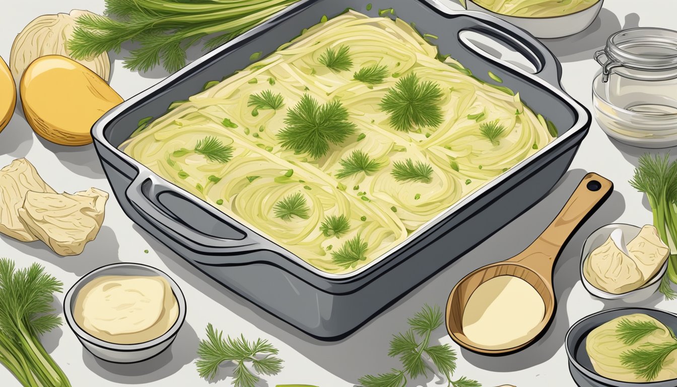 A baking dish of fennel slices topped with melted gruyère, surrounded by ingredients and kitchen utensils