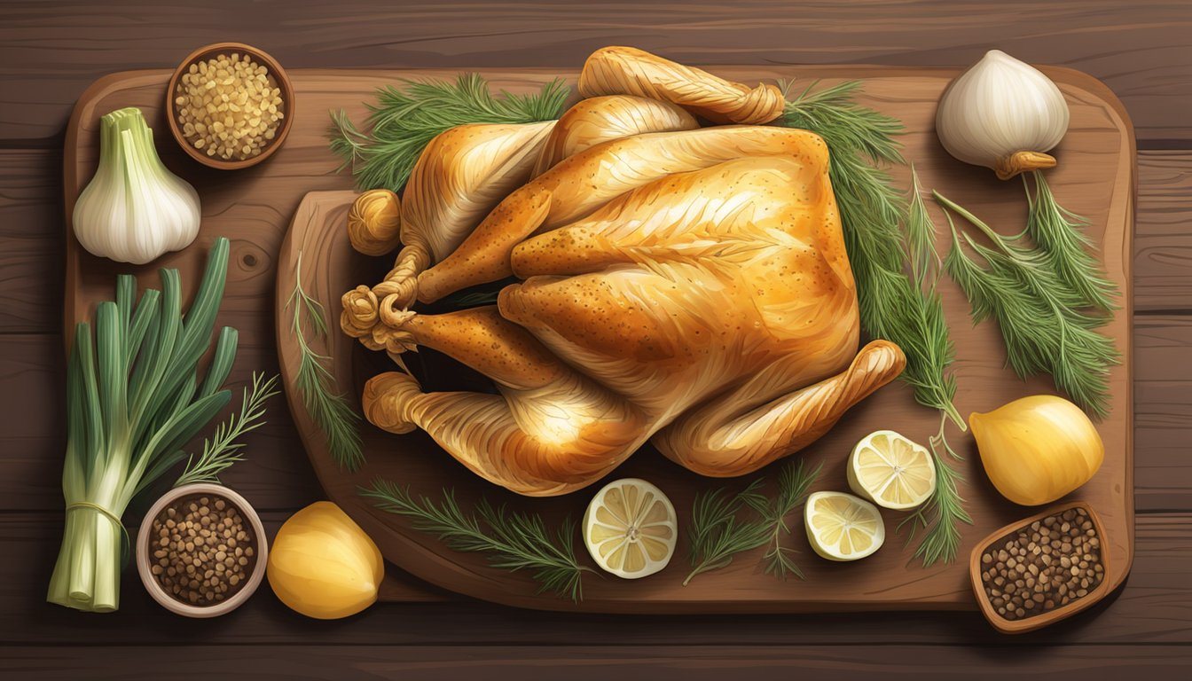 A whole roast chicken with fennel stuffing, surrounded by fresh fennel bulbs, herbs, and spices on a rustic wooden cutting board