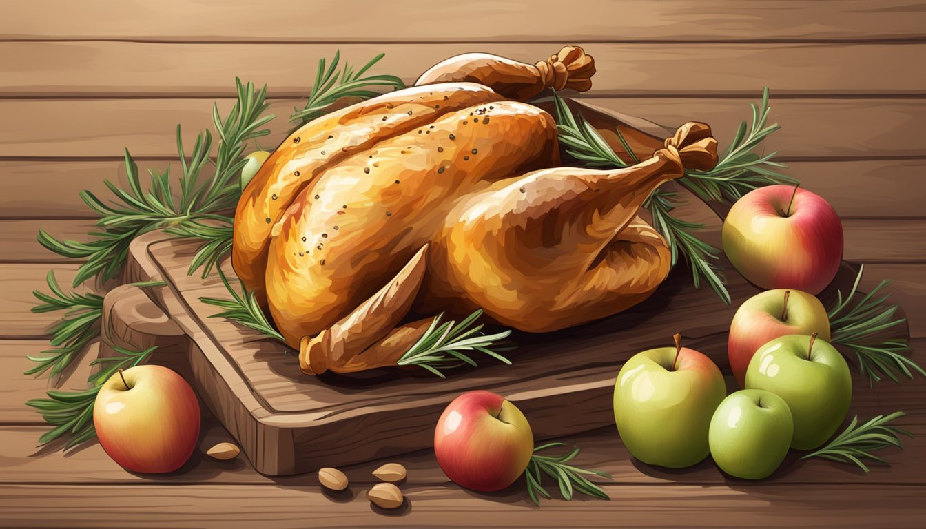 A whole roasted chicken surrounded by fresh rosemary and apples on a rustic wooden table