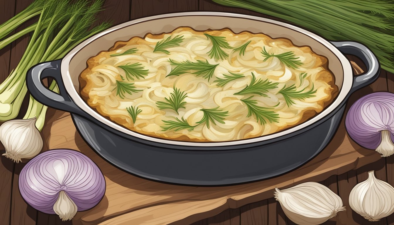 Caramelized fennel and onion gratin baking in a rustic ceramic dish, surrounded by fresh fennel bulbs and onions on a wooden cutting board