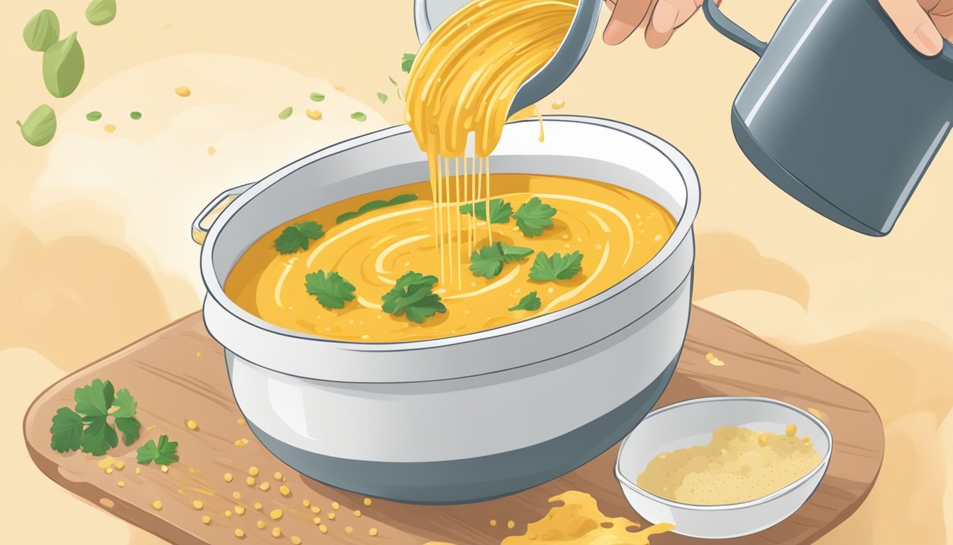 A pot of soup with a whisk and nutritional yeast being sprinkled in from above