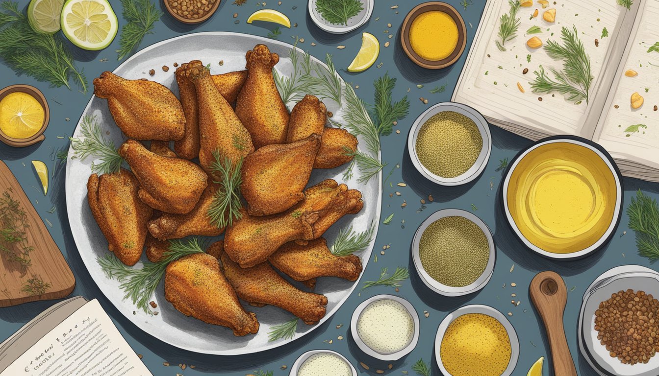 A platter of fennel pollen chicken wings surrounded by various ingredients and spices, with a cookbook open to a page titled "8 Unusual Recipes Starring Fennel."