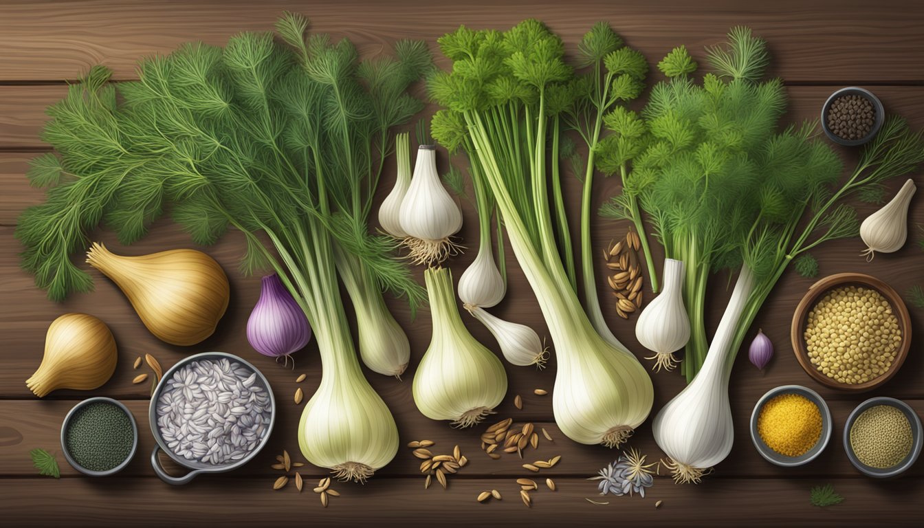 A vibrant assortment of fennel bulbs, seeds, and fronds arranged on a rustic wooden table, surrounded by colorful ingredients and cooking utensils