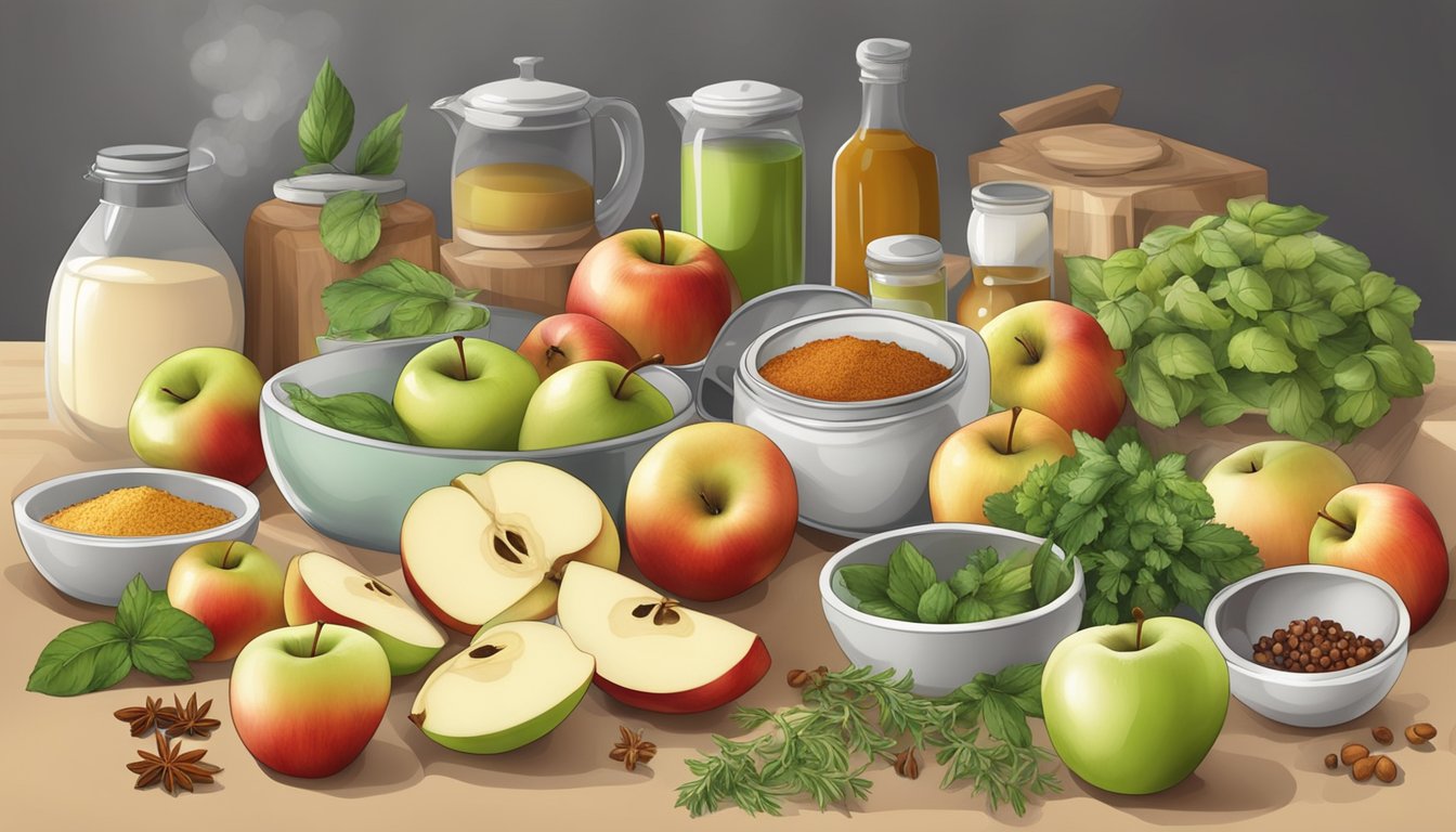 A kitchen counter with a variety of fresh apples, herbs, spices, and other ingredients laid out for preparing savory apple dishes