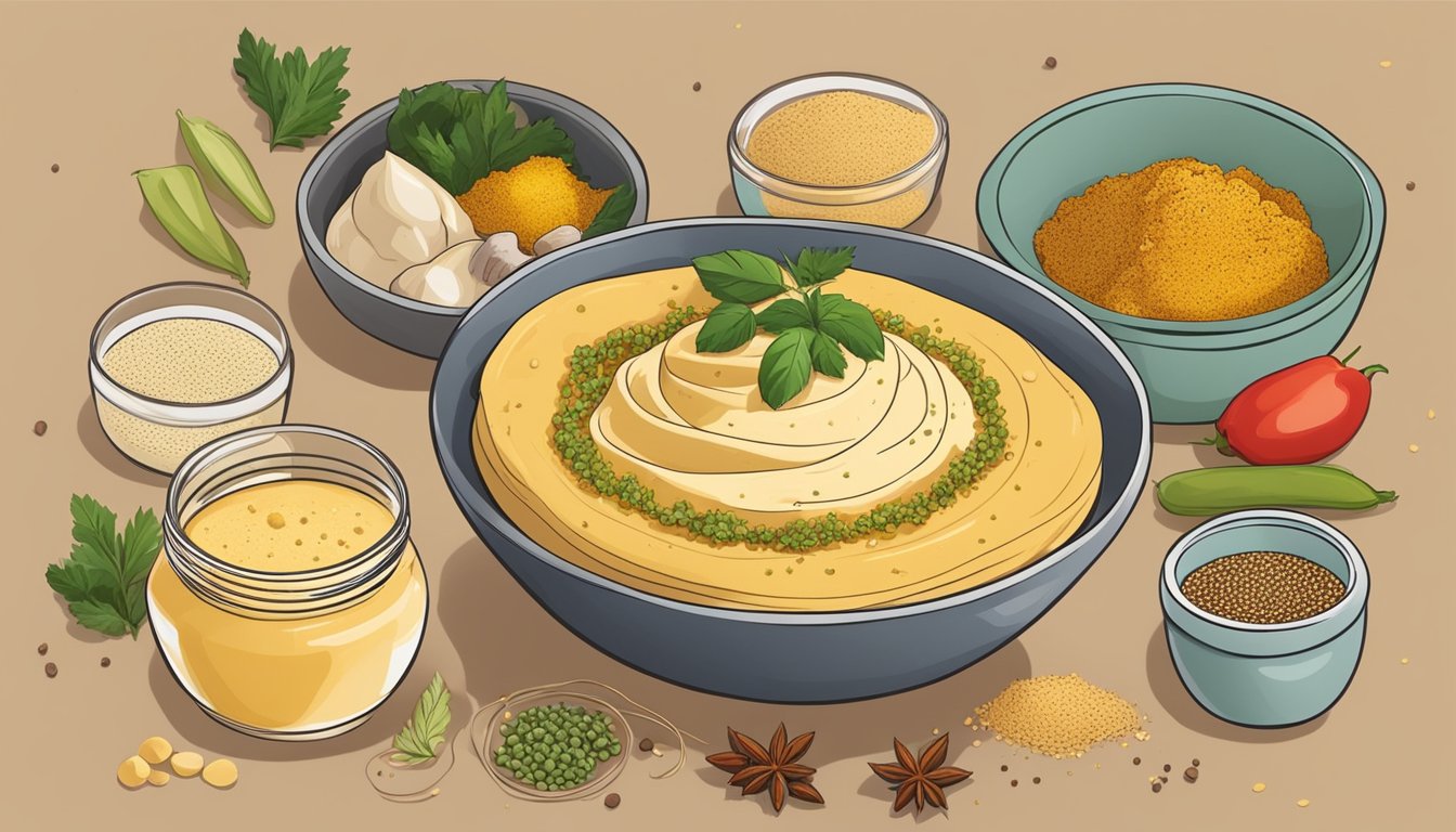 A bowl of hummus surrounded by various ingredients and spices, with a jar of nutritional yeast being sprinkled over the top