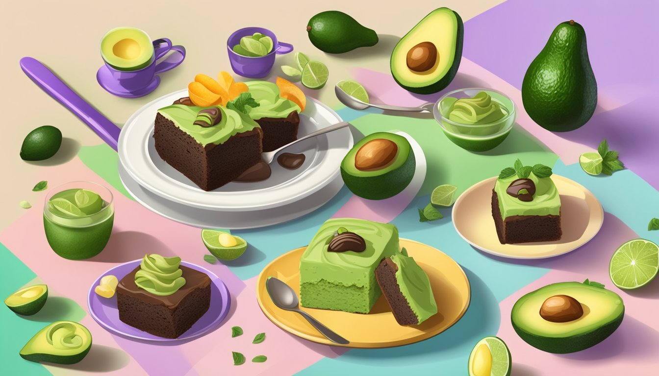 A table set with a variety of avocado-based desserts, including avocado brownie bites, surrounded by colorful ingredients and kitchen utensils