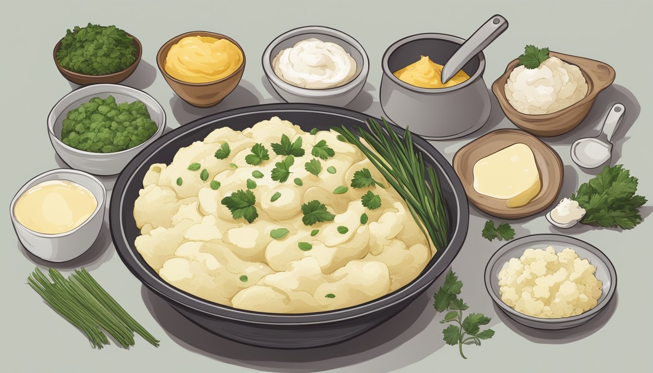 A bowl of creamy mashed potatoes infused with white miso paste, surrounded by various ingredients and cooking utensils