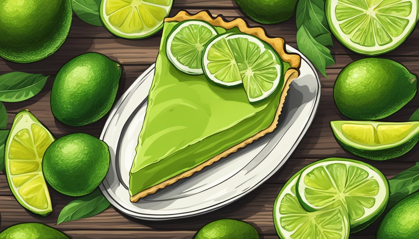 A vibrant avocado lime tart surrounded by fresh lime slices and avocado leaves on a rustic wooden table