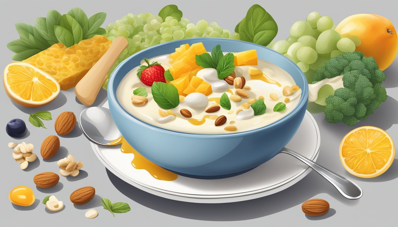 A bowl of honey yogurt dressing surrounded by various ingredients like fruits, nuts, and vegetables, with a spoon nearby