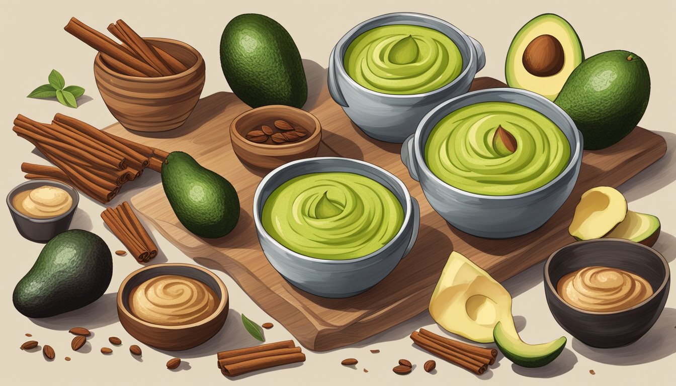 A wooden table with a bowl of creamy avocado cinnamon pudding surrounded by ingredients like avocados, cinnamon sticks, and vanilla beans