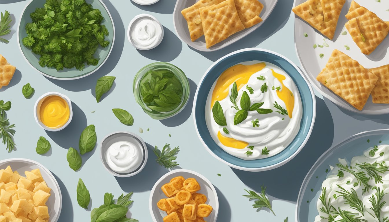 A bowl of herb yogurt marinade next to a plate of various quick snacks made with Greek yogurt