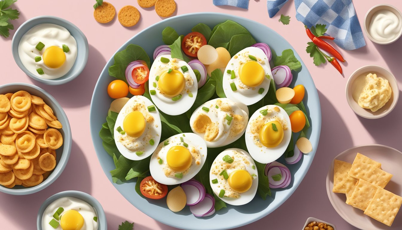 A bowl of spicy yogurt deviled eggs surrounded by various quick snacks made with Greek yogurt