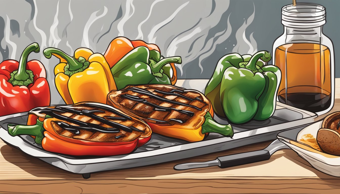 A sizzling grill with vibrant bell peppers being charred, while a balsamic glaze is being drizzled over them