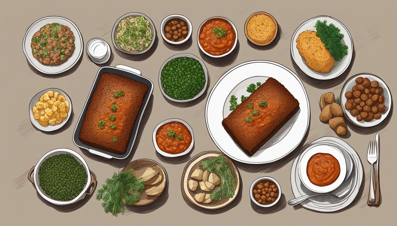 A rustic table set with a lentil loaf smothered in a rich tomato glaze, surrounded by an array of hearty side dishes and fresh herbs