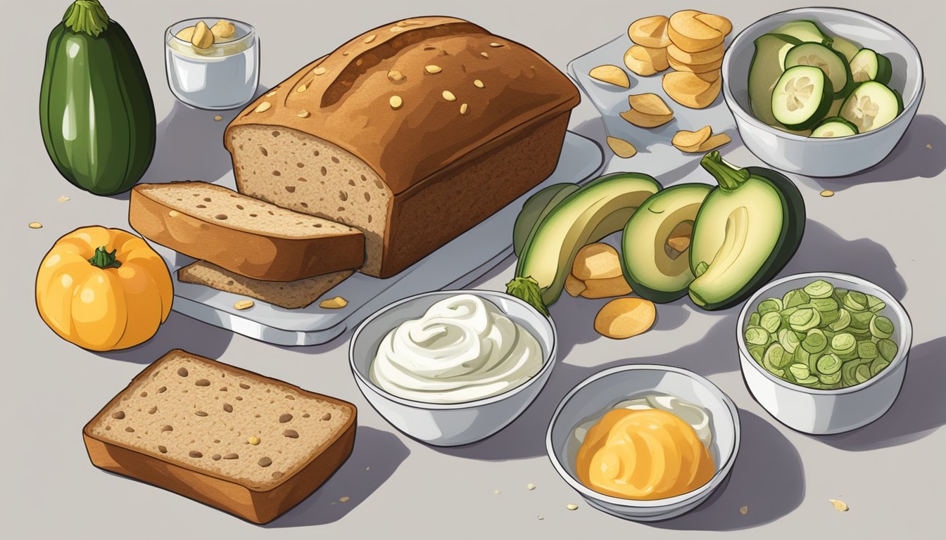 A loaf of zucchini yogurt bread surrounded by various quick snacks made with Greek yogurt