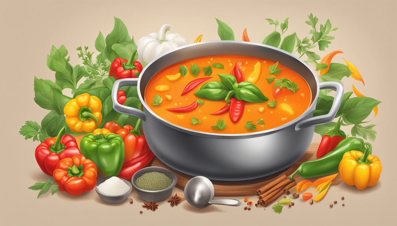 A steaming pot of spicy bell pepper soup surrounded by vibrant, fresh bell peppers, herbs, and spices