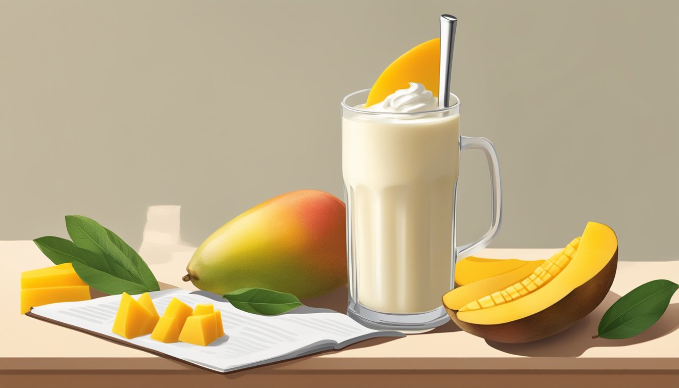 A glass of mango yogurt lassi surrounded by fresh mango slices and a spoon, with a cookbook open to a page titled "25 Quick Snacks You Can Make with Greek Yogurt."