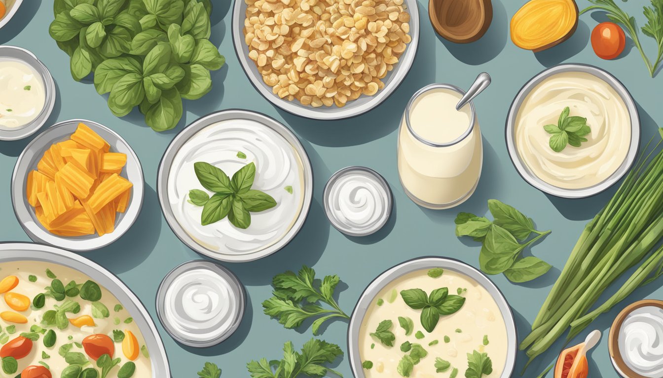 A bowl of savory yogurt soup surrounded by various ingredients and utensils, with a cookbook open to a page titled "25 Quick Snacks You Can Make with Greek Yogurt."