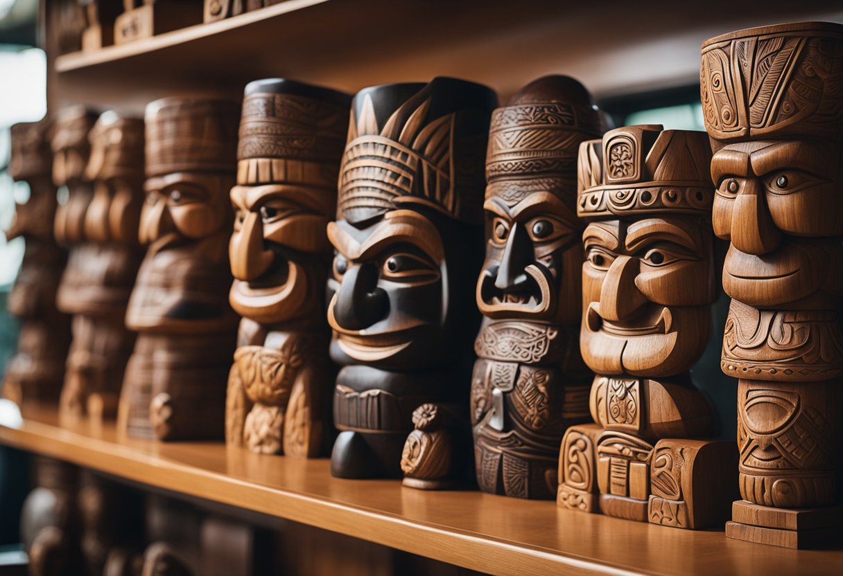 A Maori carved wood tiki displayed on a shelf with other Rotorua souvenirs