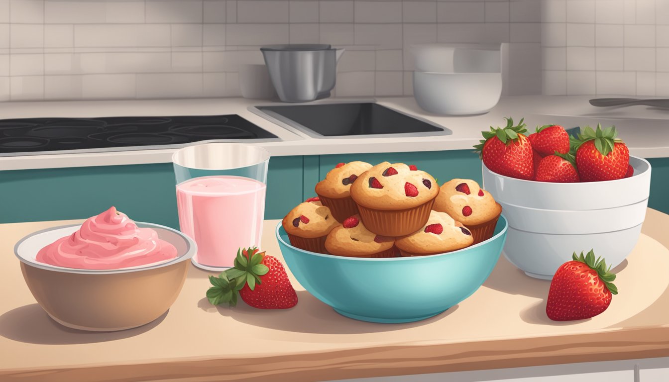 A kitchen counter with a mixing bowl, measuring cups, and fresh strawberries next to a tray of freshly baked strawberry yogurt muffins