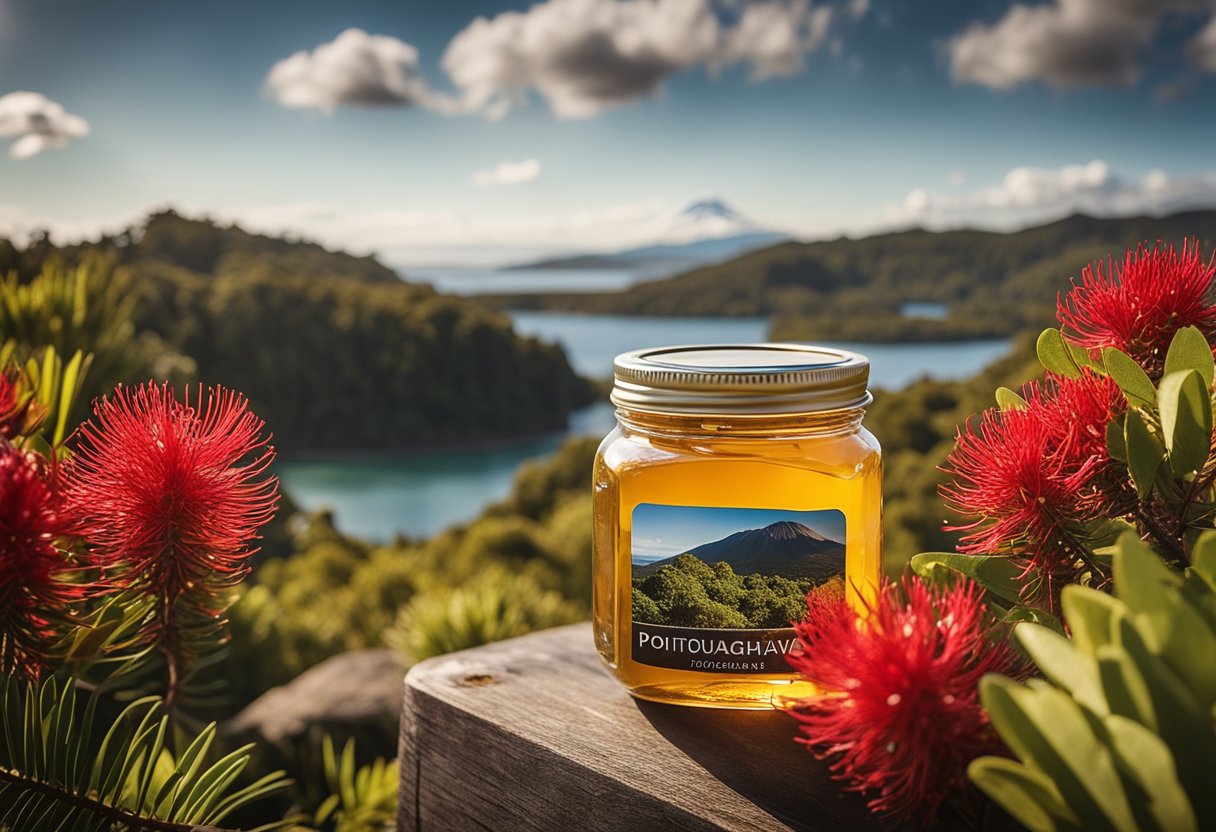 A jar of Pohutukawa honey surrounded by native New Zealand flora and fauna, with Rotorua's iconic geothermal features in the background