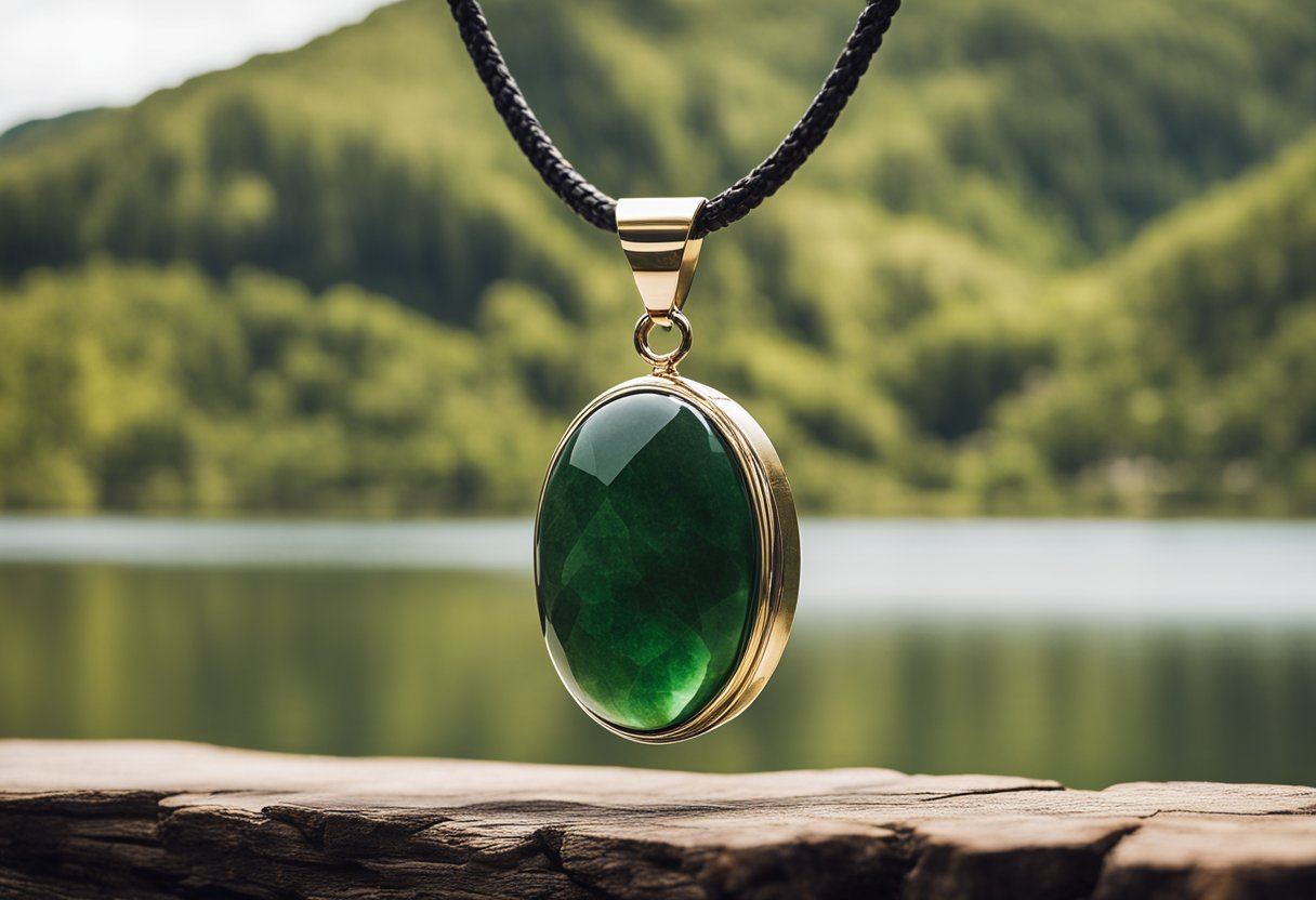 A close-up of a greenstone necklace displayed on a wooden stand with a backdrop of Rotorua's natural landscapes