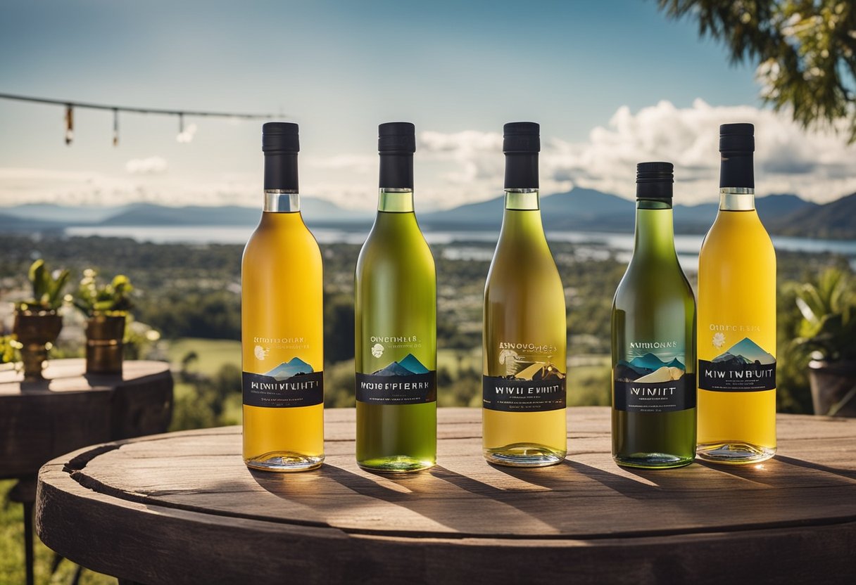 A colorful display of kiwifruit wine bottles and Rotorua souvenirs arranged on a wooden table with a scenic backdrop of the city's natural beauty