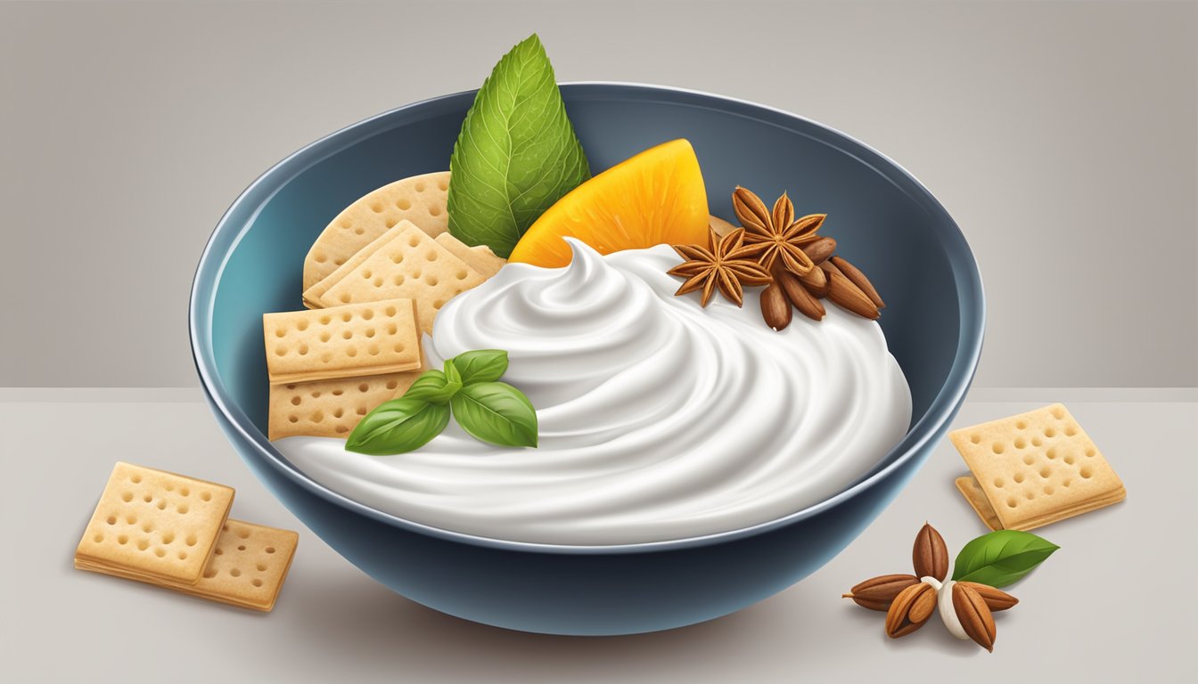 A small bowl of Greek yogurt with Thai spices and herbs, surrounded by various snack ingredients like fruits, nuts, and crackers