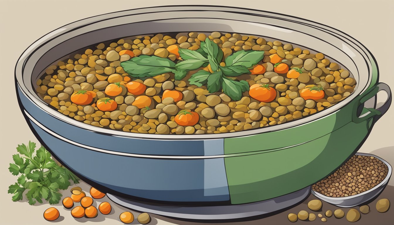 A colorful array of lentils, vegetables, and herbs arranged around a bowl of steaming lentil soup