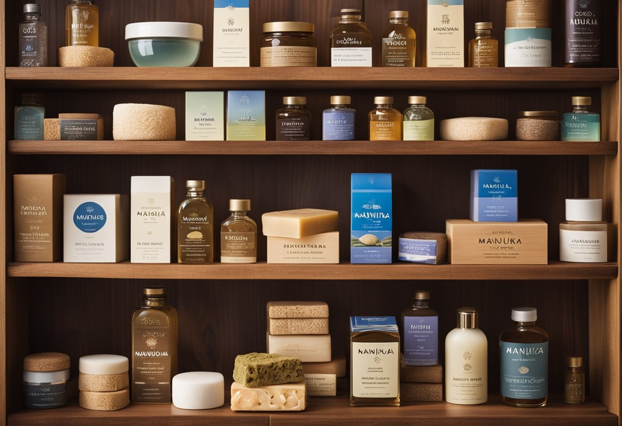 A bar of Manuka soap surrounded by other Rotorua souvenirs on a wooden display shelf