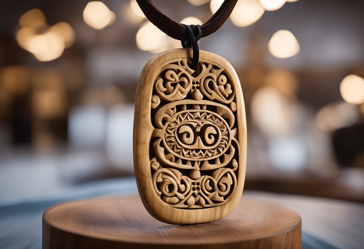 A Maori carved bone pendant displayed on a wooden stand surrounded by traditional Maori patterns and symbols