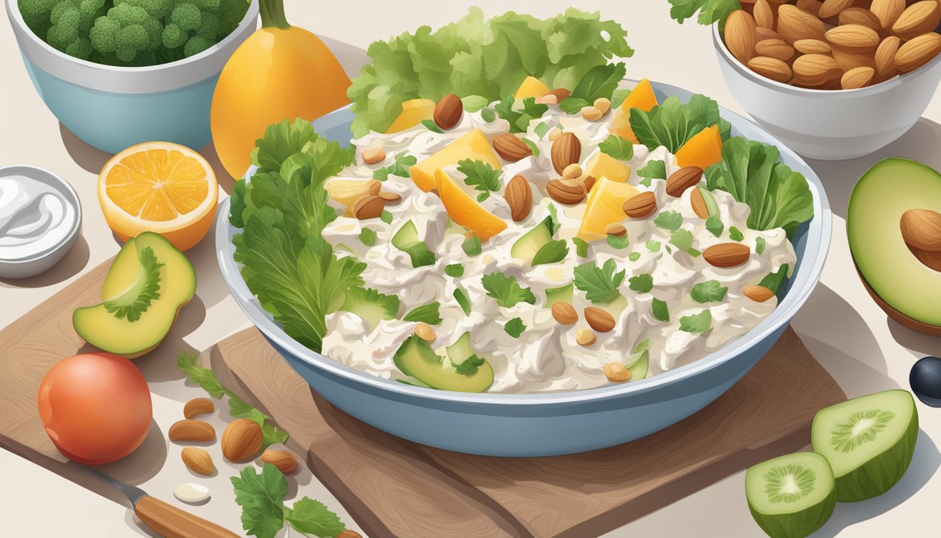 A bowl of yogurt chicken salad surrounded by various ingredients like vegetables, fruits, and nuts, with a spoon and a recipe book nearby