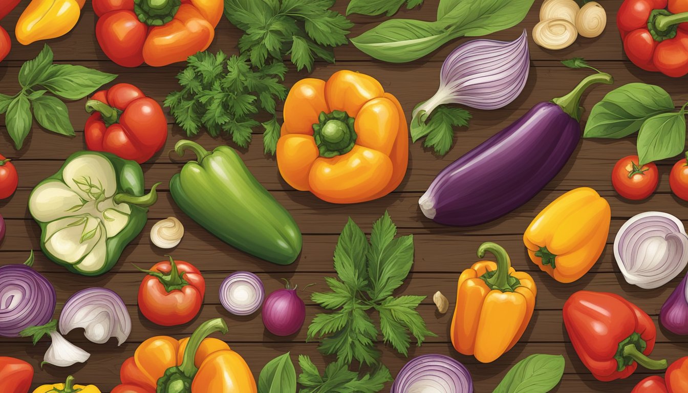 A vibrant array of bell peppers, tomatoes, onions, and herbs spread out on a rustic wooden table, ready to be chopped and mixed into a Mediterranean salsa