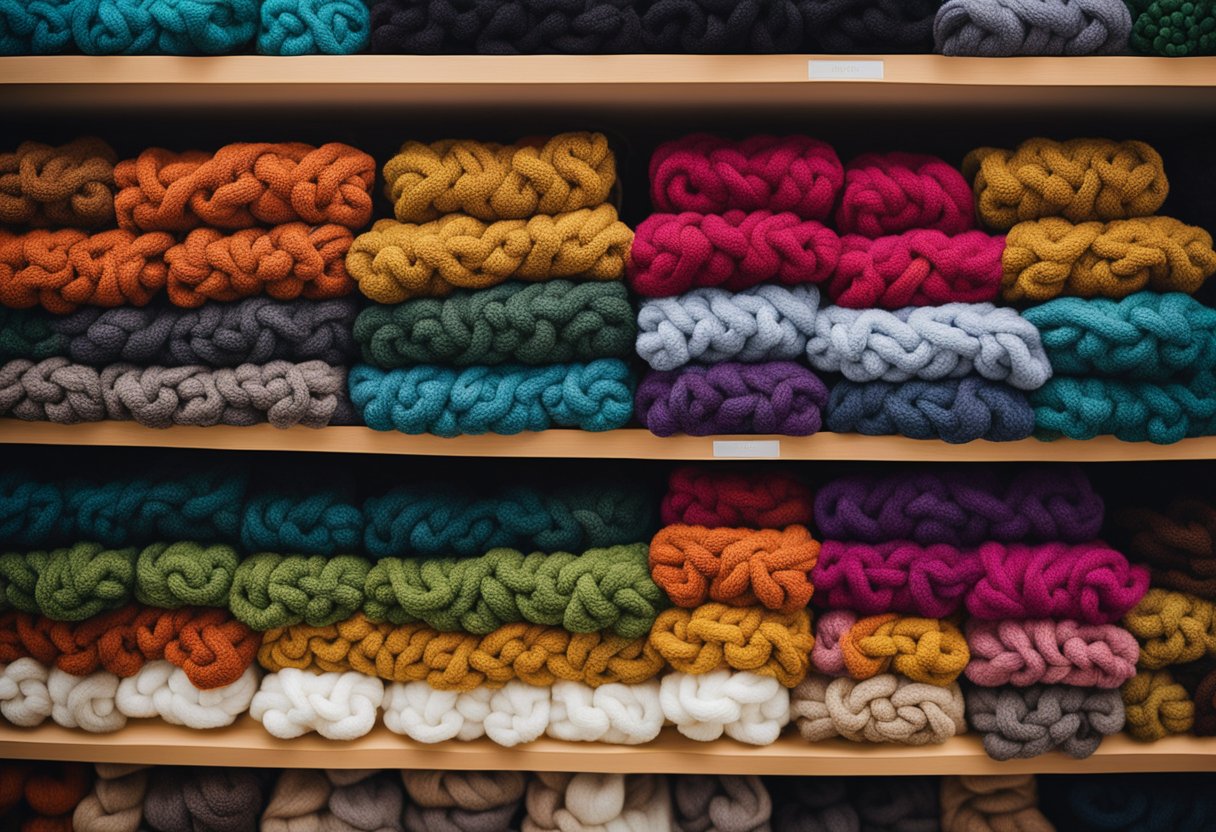A colorful New Zealand Merino wool scarf displayed on a wooden souvenir shelf in Rotorua